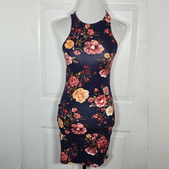 LC Designs Floral Bodycon Dress Dark Blue Sleeveless - Picture 1 of 7